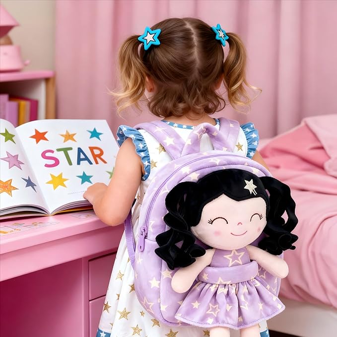 Gloveleya Toddler Backpacks Baby Girl Gifts Curly Hair Plush Figures Dress Backpack Kids Backpack Curly Hair Spring Girl - Black Head Purple Star 9inches
