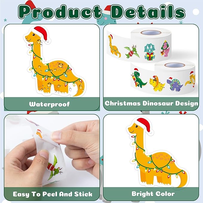 Haooryx Christmas Dinosaur Sticker Rolls - 1000Pcs Vibrant Festive Dinosaur Sticker with Tyrannosaurus Design Self-adehesive Vinyl Decal Christmas Holiday Party Favor Stocking Stuffer Craft Activities