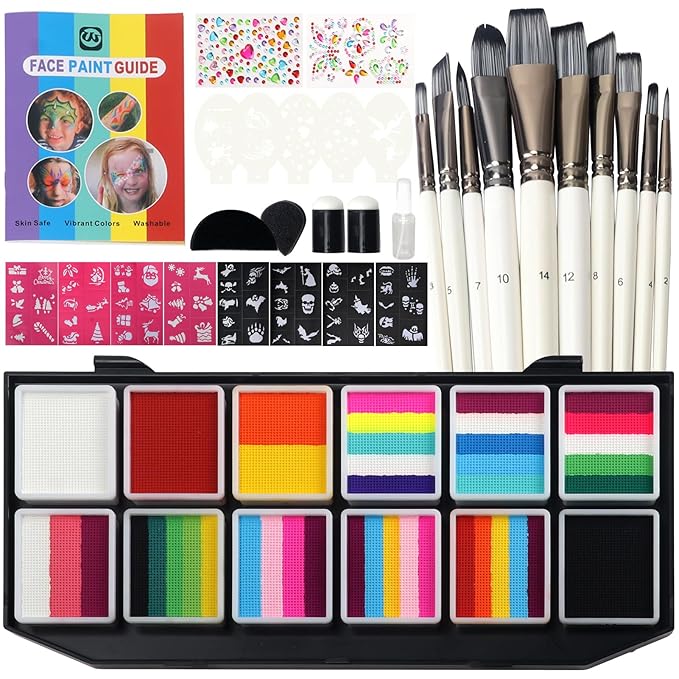 12-Color Water-Activated Professional Face Paint Kit with 10 Brushes, 4 Christmas & 4 Halloween Sticker Stencils – Non-Toxic Washable Face & Body Paint for Kids & Adults