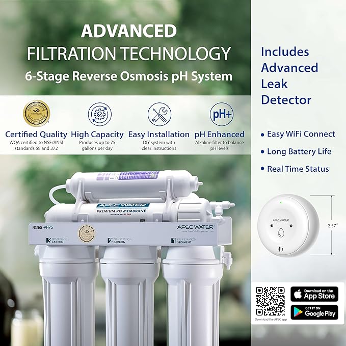 APEC WATER | Reverse Osmosis Water Filter, Alkaline 6-Stage RO System, pH+ Remineralization for Natural Spring Taste, Under Sink Filter WQA Certified Removes 1K+ Impurities, 75 GPD - Smart ROES-PH75LD