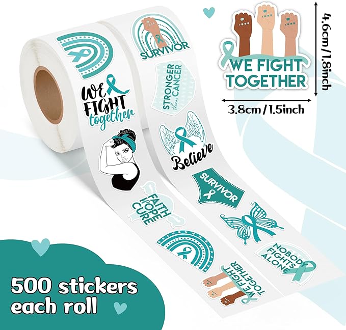 Ovarian Cancer Awareness Sticker - 1000 Pcs Teal Ribbon Sexual Assault Awareness Survivor Waterproof Vinyl Reusable Laptop Sticker Rolls Coloring Book Scrapbook Water Bottle Page Activity Pad