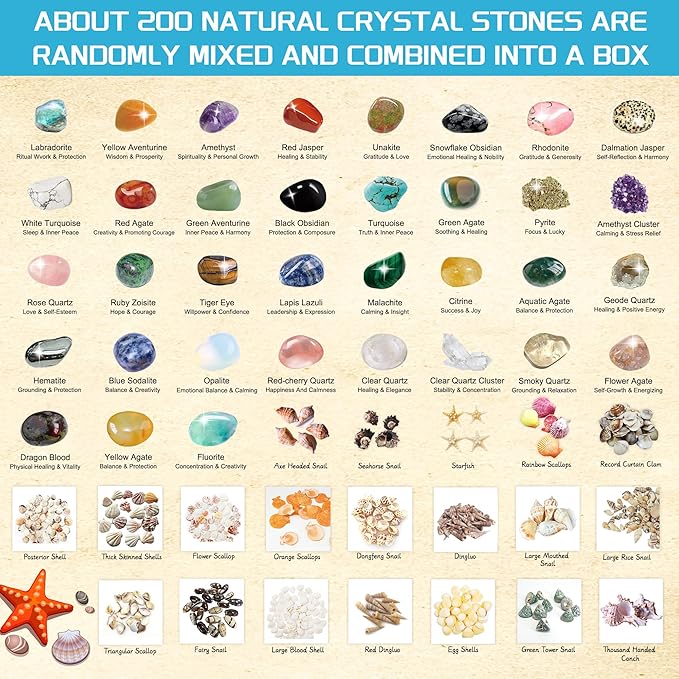 200Pcs Natural Crystals Stones Set & Healing Crystal Set Rock Collection Raw Stones Geodes & Tumbled Stones Set for Decoration Chakra Reiki Gift Balancing Energy Kids Beginners