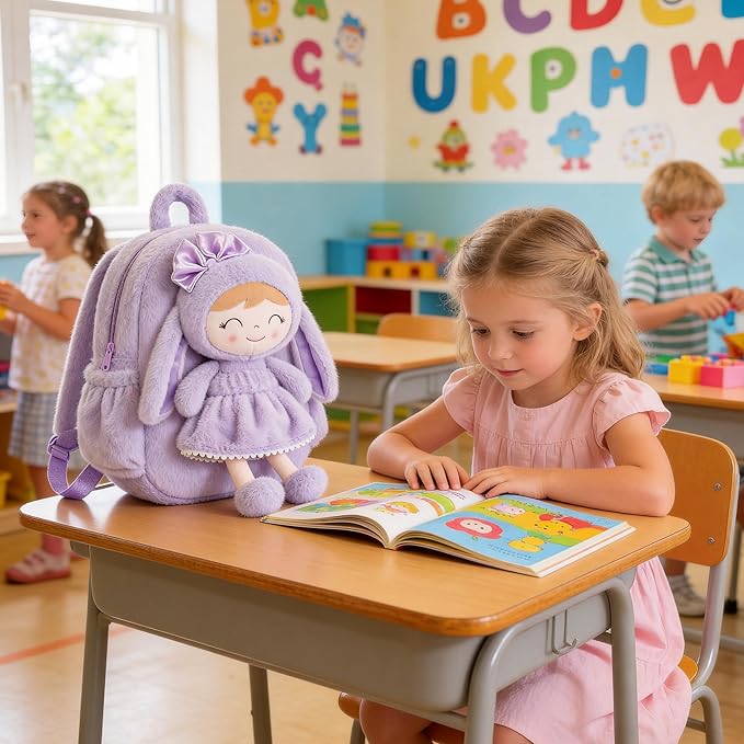 Gloveleya Back to School Gifts for Girls Bunny Toddler Backpack Plush Bag Baby Gift for Girl 2+ Years Old with Detachable Purple Rabbit Doll