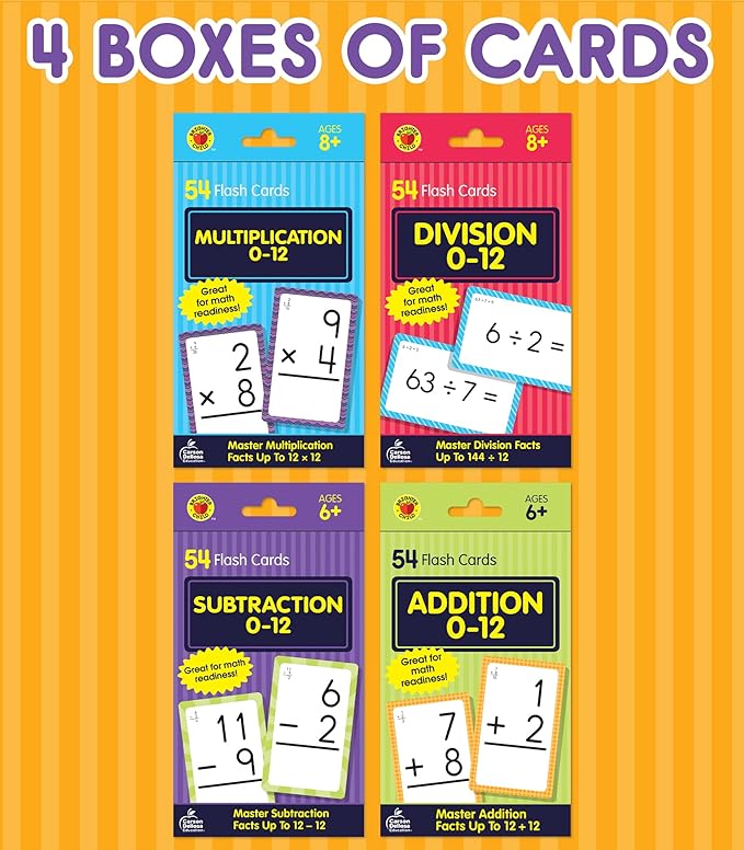 Carson Dellosa Addition, Subtraction, Division, and Multiplication Flash Cards, 4 Sets of Flashcards, Math Games for Kids 8-12, 3rd Grade Mathematics and Up