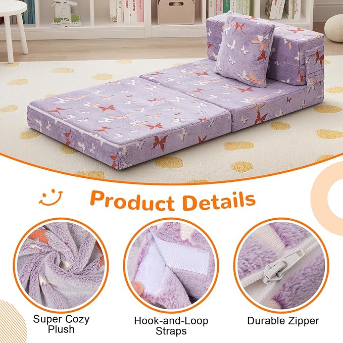 MeMoreCool Foldable Futon Chair Bed for Kids, Glow Tri-fold Sofa Bed Convertible Toddler Sofa Mattress, Foam Floor Couch for Sitting, Purple