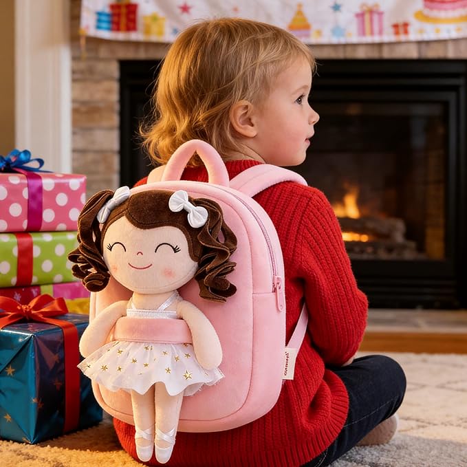 Gloveleya Toddler Backpack Baby Ballerina Girl Gifts Plush Curly Hair Ballet Backpack - White 9 inches