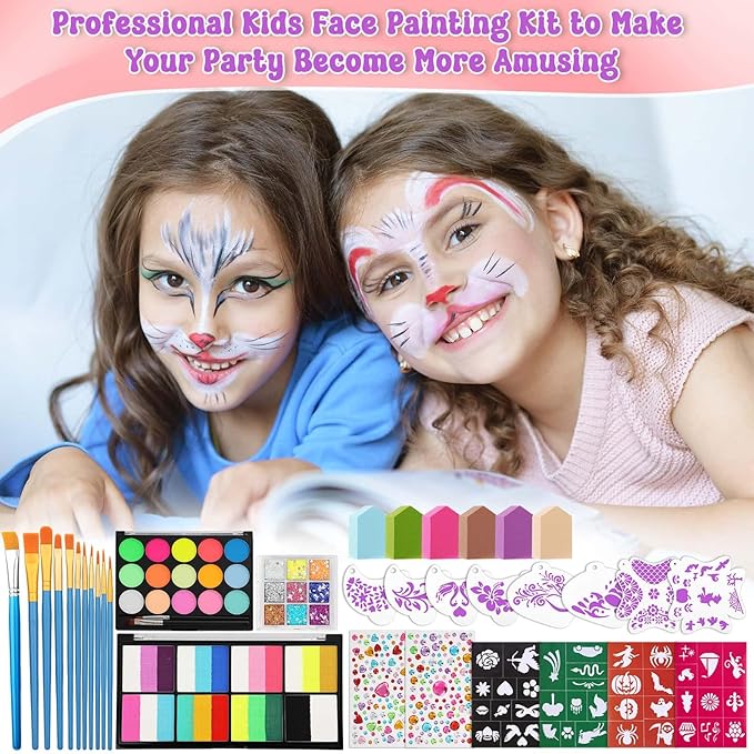 Kids Face Painting Kit with Organizer Box - Rainbow Color Non Toxic & Washable Face Paint Set with Stencils, Brush & Gems Kids Party Makeup for Halloween, Carnival & Costume