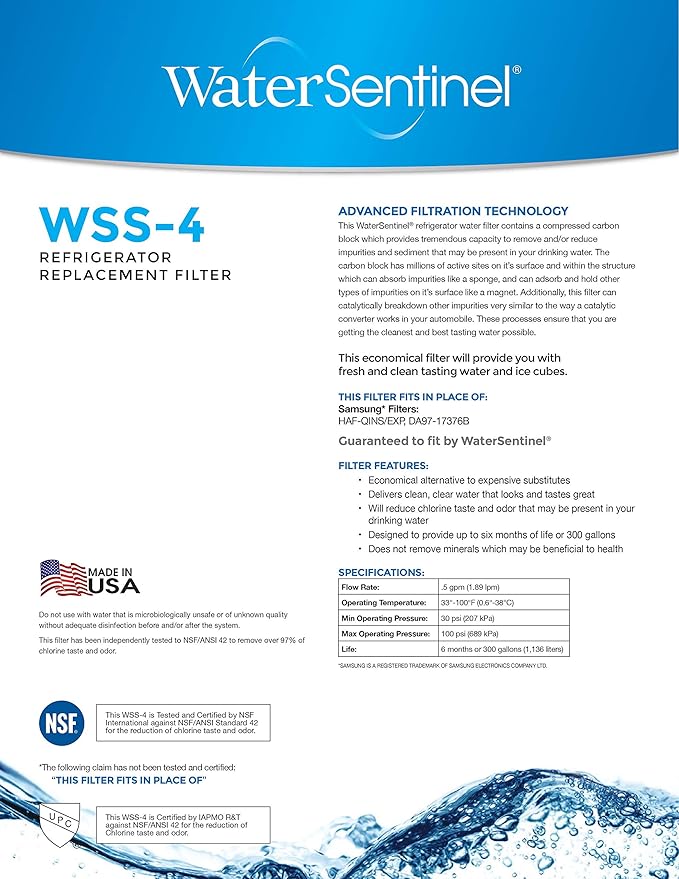WaterSentinel WSS-4 Refrigerator Water Filter Replacement for Drinking Water Filtration, Fits Samsung HAF-QIN/EXP, HAF-QIN, HAF-QINS, DA97-17376B, DA97-08006C