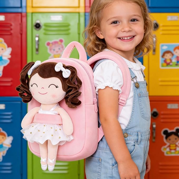 Gloveleya Toddler Backpack Baby Ballerina Girl Gifts Plush Curly Hair Ballet Backpack - White 9 inches