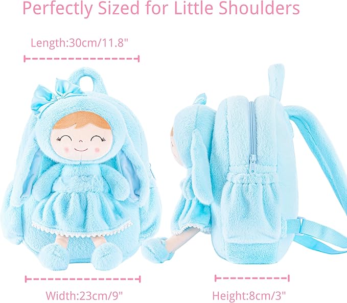 Gloveleya Back to School Gifts for Girls Toddler Backpack Kids Backpack Baby Girl Gift Plush Bag with Pure Blue Rabbit Doll Aged 2+