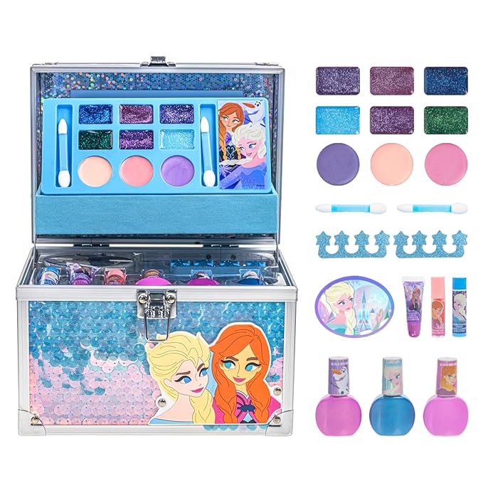 Disney Frozen Train Case Beauty Set, Kids Makeup Kit for Girls, Real Washable Makeup Set, Play Makeup, Party Favor, Birthday, Ages 3 4 5 6 7 8 9 10 11 12 by Townley Girl