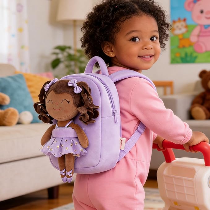 Gloveleya Toddler Backpack Baby Ballerina Girl Gifts Plush Curly Hair Ballet Backpack - Black Purple 9 inches