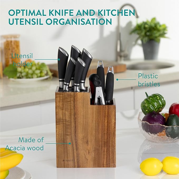 Navaris Knife Block & Utensil Organiser - Durable Acacia Wood Knife Holder without Knives - Removable & Washable Plastic Bristle for Random Sized Knives - Kitchen Storage Stand