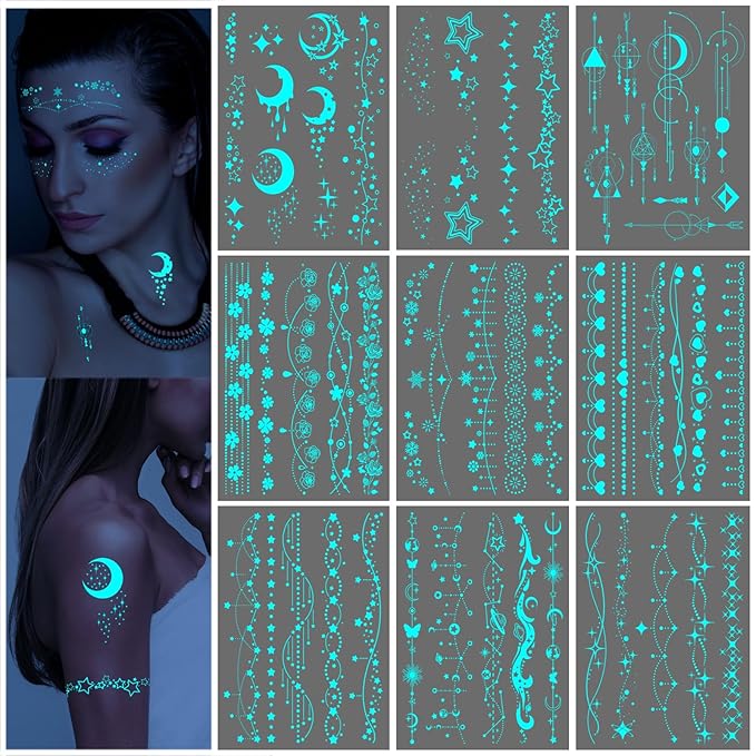 Star Moon Blue Glow in the Dark Temporary Tattoo for Women, Luminous Flower Star Face Fake Tattoo Sticker Adult Girl Arm Hand, Sexy Crescent Nightglow Temp Tatoo Neck Clavicle Body Art Makeup, 9-Sheet