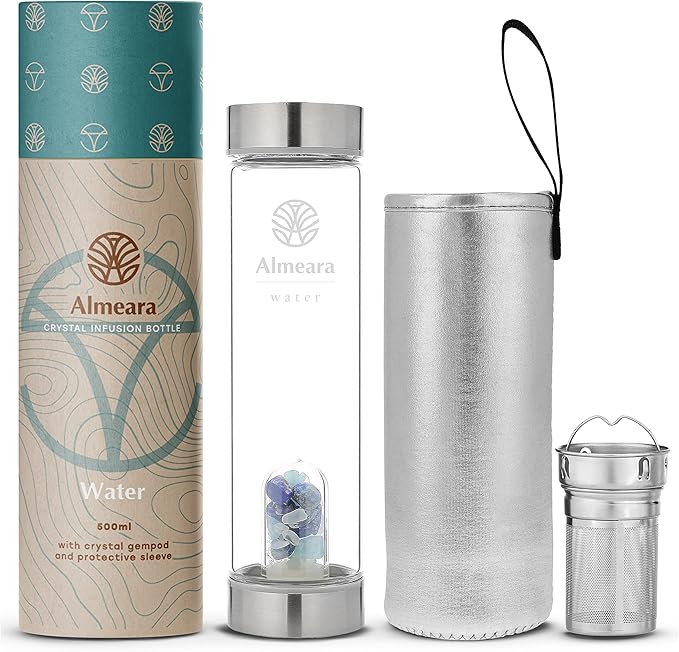 Almeara Crystal Water Bottle with Authentic Lapis Lazuli, Opal Stones & Aquamarine Removable Gemstones, Loose Leaf Tea Infuser - Relaxation, Healing & Spiritual Gifts for Women - Witchcraft Supplies