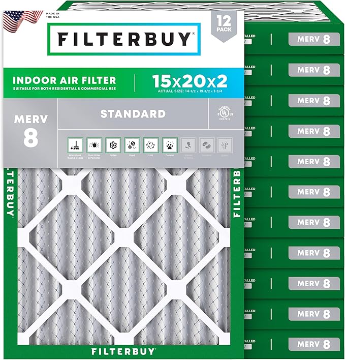 Filterbuy 15x20x2 Air Filter MERV 8 Essential Dust & Allergy Defense (12-Pack), Electrostatic Pleated HVAC AC Furnace Filters Replacement (Actual Size: 14.50 x 19.50 x 1.75)