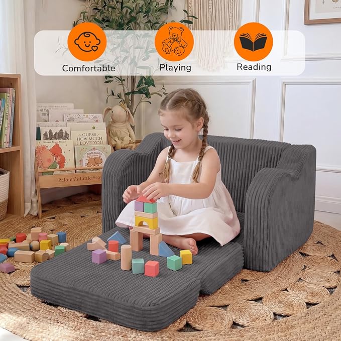 MeMoreCool Toddler Chair Comfy for 1-3 Years Old, Corduroy Kids Couch Bed Fold Out, 2-in-1 Foldable Baby Lounge Chair, Pull Out Children Sofa Bed, Dark Grey
