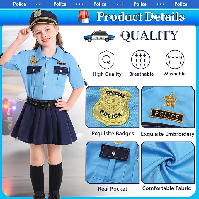 Police Officer Costume Girls Kids Cop Costume Set Toddler Halloween Costumes Police Cosplay Uniform with Accessories