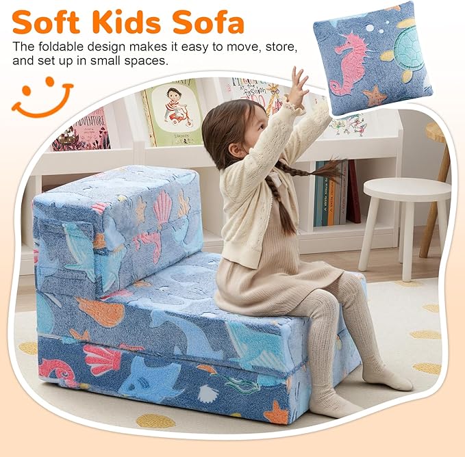 MeMoreCool Foldable Futon Chair Bed for Kids, Glow Tri-fold Sofa Bed Convertible Toddler Sofa Mattress, Foam Floor Couch for Sitting, Blue