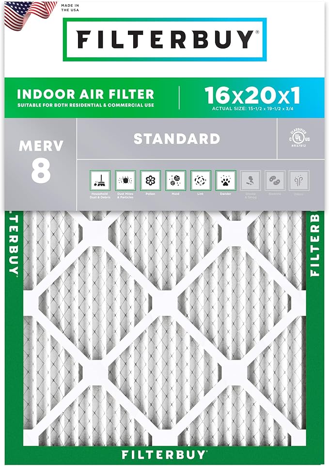 Filterbuy 16x20x1 Air Filter MERV 8 Essential Dust & Allergy Defense (1-Pack), Electrostatic Pleated HVAC AC Furnace Filters Replacement (Actual Size: 15.50 x 19.50 x 0.75)