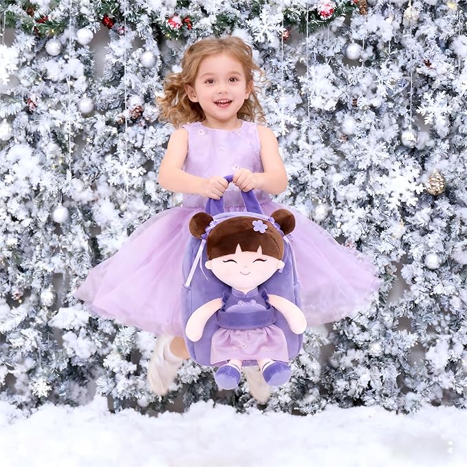 Gloveleya Back to School Gifts for Girls Kids Backpack Toddler Backpack Soft Plush Asian Girl Doll Backpacks Purple 9"
