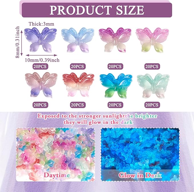 160Pcs 8 Colors Luminous Resin Butterfly Nail Charms, Glow in the Dark, Nail Art Decoration Accessories