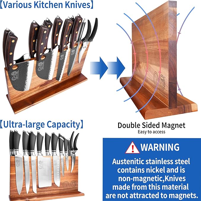 XYJ Extra Large Magnetic Knife Block Acacia Wood Knife Set Holder Stand With Stronge Magnetic Strip Kitchen Knives Storage Rack Organizer Tools No Drilling