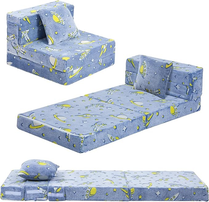 MeMoreCool Foldable Futon Chair Bed for Kids, Glow Tri-fold Sofa Bed Convertible Toddler Sofa Mattress, Foam Floor Couch for Sitting, Blue