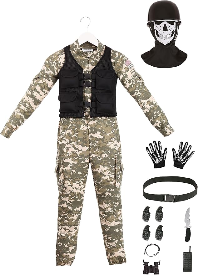 Kids Battle Soldier Costume | Boys Army Tactical Camouflaged Jumpsuit, Halloween Outfit with Skull Mask & Accessories