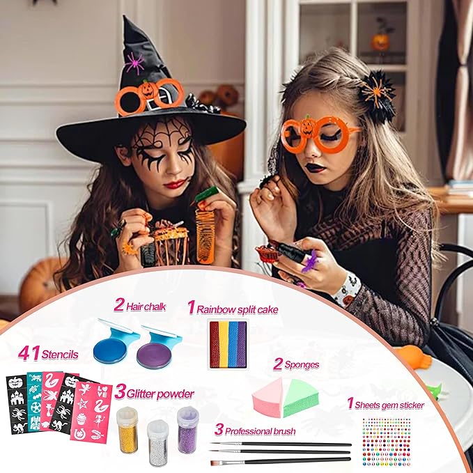 Maydear Face Painting Kit for Kids - 20 Colors Water Based Makeup Palette with Stencils, Glitters, Rainbow Split Cake, Hair Dye Clips, for Parties, Halloween, Safe Professional Body & Face Paint Kit