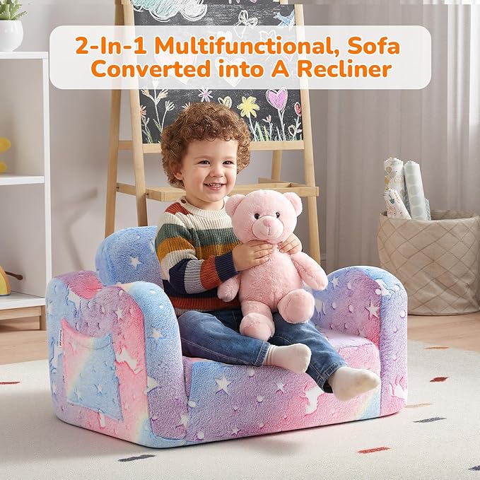 MeMoreCool Glowing Rainbow Unicorn Kids Chair - Convertible 2-in-1 Fold-Out Kids Couch for Girls, Glow-in-the-Dark Plush Sofa with Washable Cover, Soft Foam Lounge Seat for Playroom and Reading | Relaxing,Gift Giving