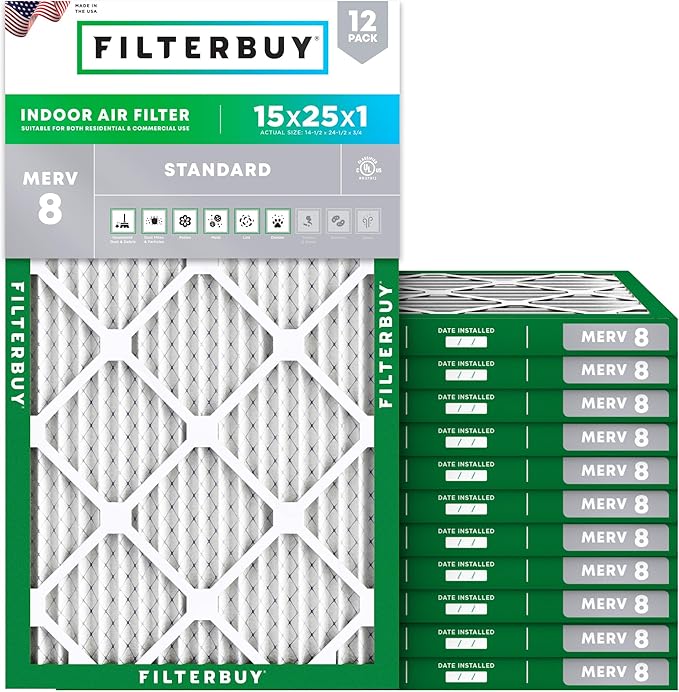 Filterbuy 15x25x1 Air Filter MERV 8 Essential Dust & Allergy Defense (12-Pack), Electrostatic Pleated HVAC AC Furnace Filters Replacement (Actual Size: 14.50 x 24.50 x 0.75)