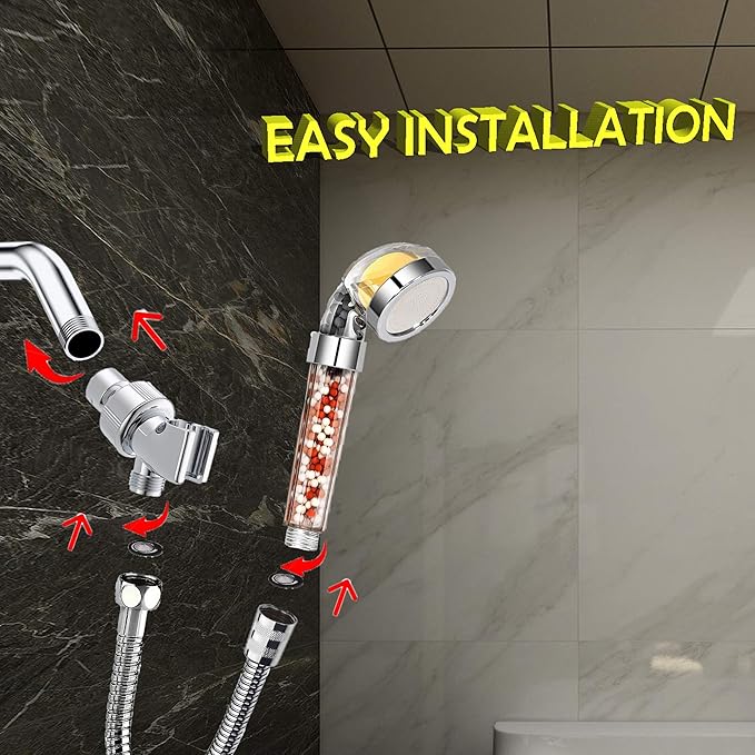 Vitamin C Filter Shower Head with Hose & 3 Replacement Balms - Handheld High Pressure Filtered Shower Head - Hard Water Softener with Citrus Smell for Dry Skin, Reduce Residual Impurities in Water