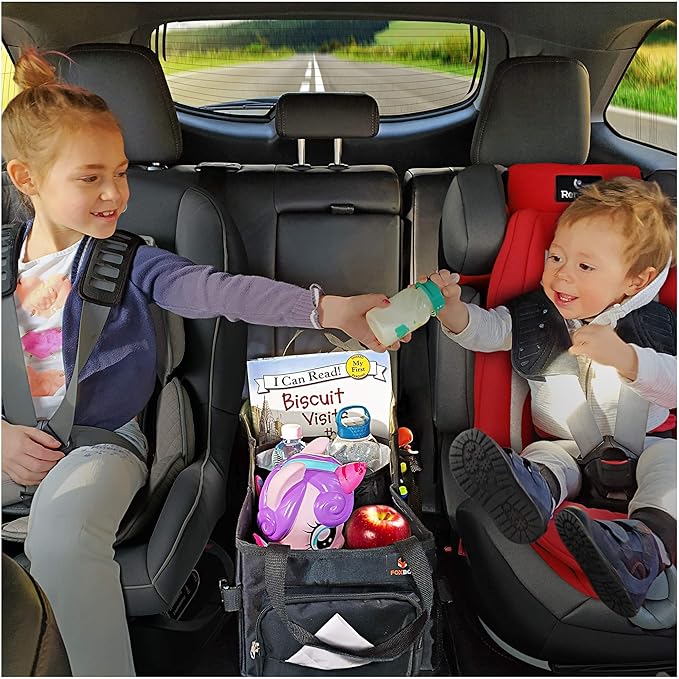 Easy-to-Reach Kids Car Organizer with Tissue Box and Cup Holder for Back Seat, Front Seat, Between Seats, Floor - Tote Car Storage Organization for Toddlers - Kids Road Trip Travel Essentials (Grey)