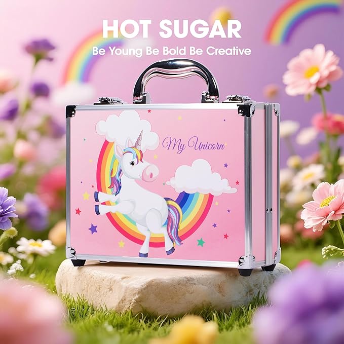 Hot Sugar Makeup Kit for Girls, Makeup Set with Reusable Train Case Includes Eyeshadow Palette, Blush, Lipstick, Lip Pencil, Eye Pencil