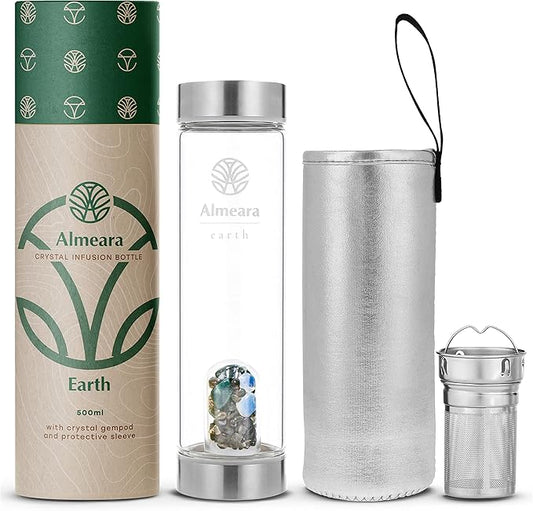 Almeara Crystal Water Bottle with Authentic Moss Agate, Opal Stones & Smoky Quartz Removable Gemstones, Loose Leaf Tea Infuser - Relaxation, Healing & Spiritual Gifts for Women - Witchcraft Supplies