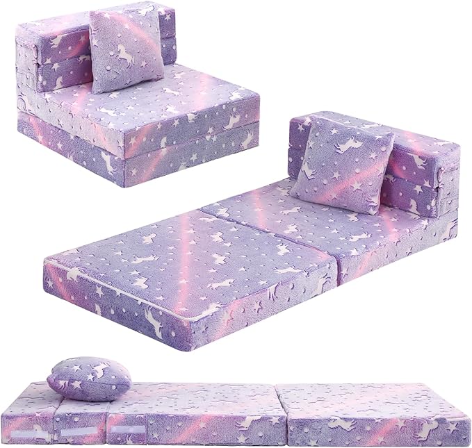 MeMoreCool Foldable Futon Chair Bed for Kids, Glow Tri-Fold Sofa Bed Convertible Toddler Sofa Mattress, Foam Floor Couch for Sitting, Purple