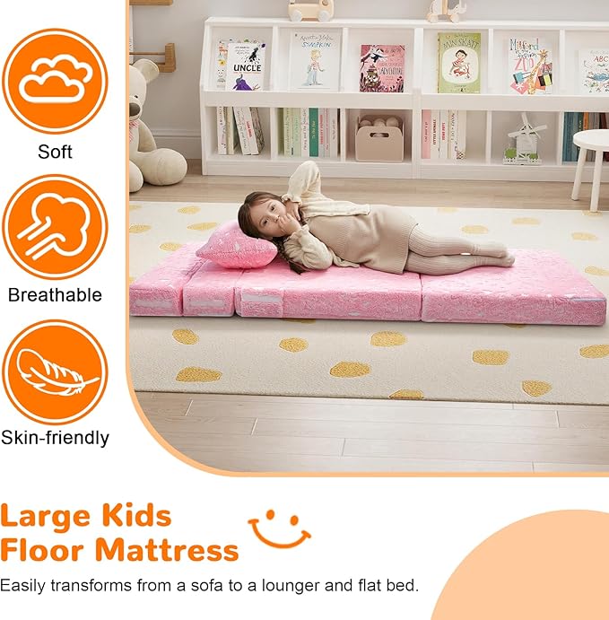 MeMoreCool Glow Pink Unicorn Tri-fold Sofa Bed for Kids, Foldable Futon Chair and Floor Couch, Convertible Trifold Mattress for Playroom