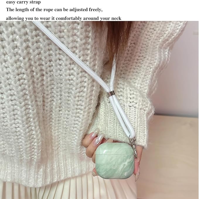 Marble Green AirPods 4 Case for Women, Fashion Shockproof TPU Protective Cover with Adjustable Neck Strap & Hand Strap, Cute Travel Accessories Compatible with AirPods 4/4 Noise Cancelling