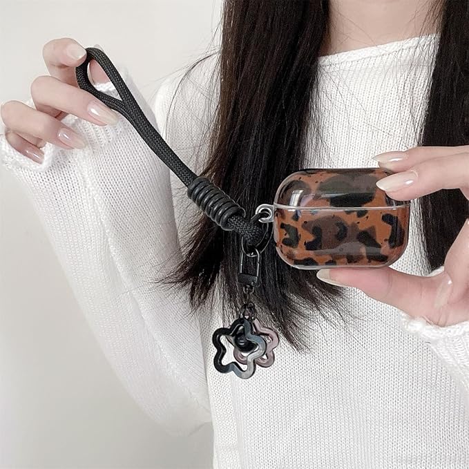 Dark Brown Leopard Print Silicone Case for AirPods Pro 3 (2025) - Cute Shockproof Cover with Detachable Long Neck Lanyard, Travel Keychain, MagSafe Compatible, Unisex for Women & Men