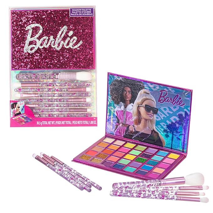 Barbie 35-Well Shadow Palette, Shimmery and Opaque Colors, Pigmented Blendable, 8 Application Brushes Ages 8+, by Townley Girl