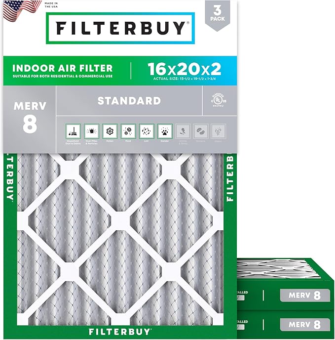 Filterbuy 16x20x2 Air Filter MERV 8 Essential Dust & Allergy Defense (3-Pack), Electrostatic Pleated HVAC AC Furnace Filters Replacement (Actual Size: 15.50 x 19.50 x 1.75)