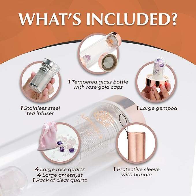 Almeara Crystal Water Bottle | Amethyst, Rose Quartz & Clear Quartz Crystals | Authentic Gemstones – Loose Leaf Tea infuser – Gem Elixir Infused Tempered Glass Water Bottle - Gift ready box - 16.9 oz