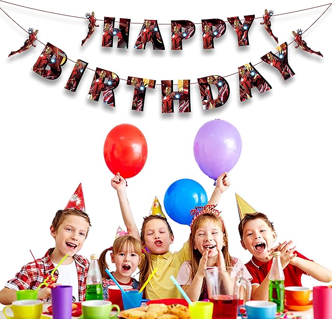 Irn Man Happy Birthday Banner – Action Hero Armor Theme Birthday Decoration Banner for Indoor Party Setup, Wall Hanging Display, Dessert Table Background, Photo Booth Backdrop.