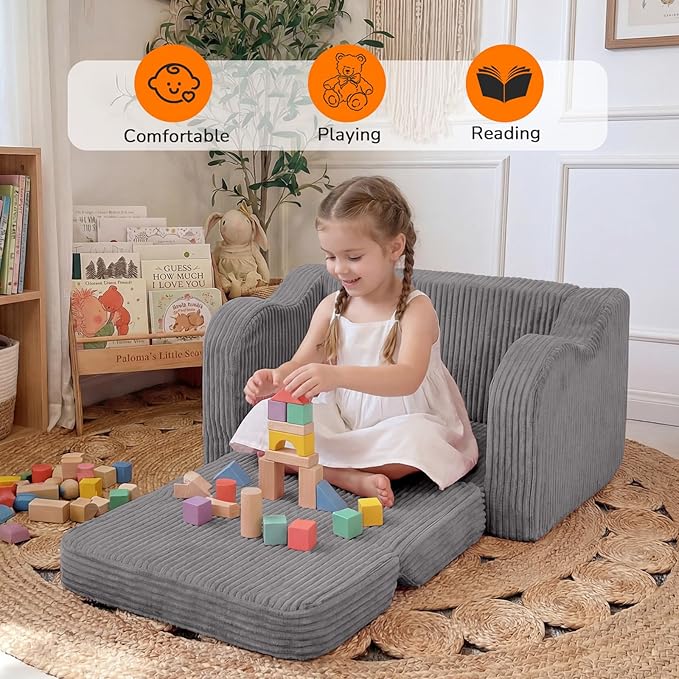 MeMoreCool Toddler Chair Comfy for 1-3 Years Old, Corduroy Kids Couch Bed Fold Out, 2-in-1 Foldable Baby Lounge Chair, Pull Out Children Sofa Bed, Light Grey
