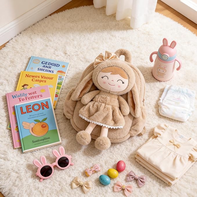 Gloveleya Toddler Backpack with Soft Brown Rabbit 11 inches Detachable Design for Girl Age 2+
