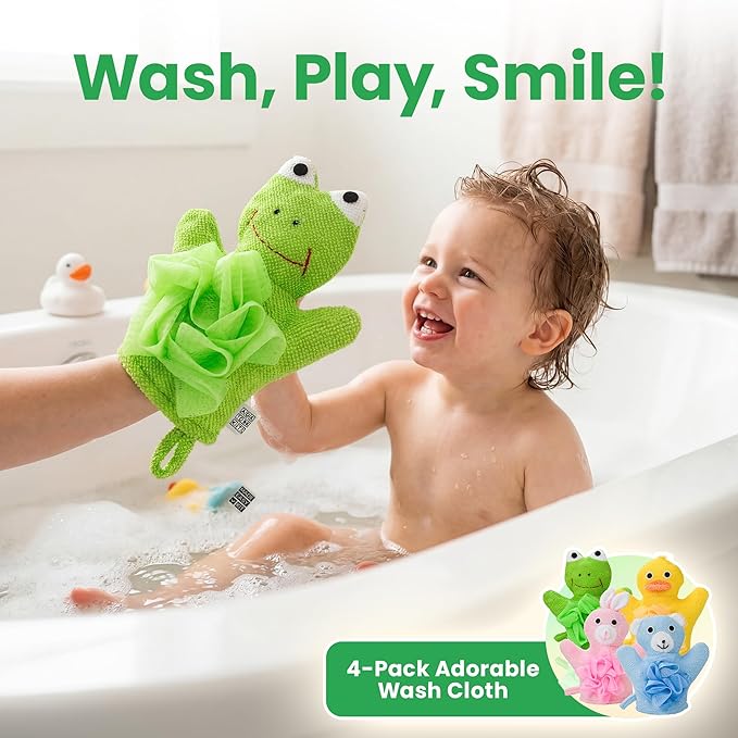 Made Easy Kit Hand Puppet Bath Wash Mitt Towel with Animal Designs with Loofahs for Fun Interactive Bathing Time (Green Yellow Pink Blue)
