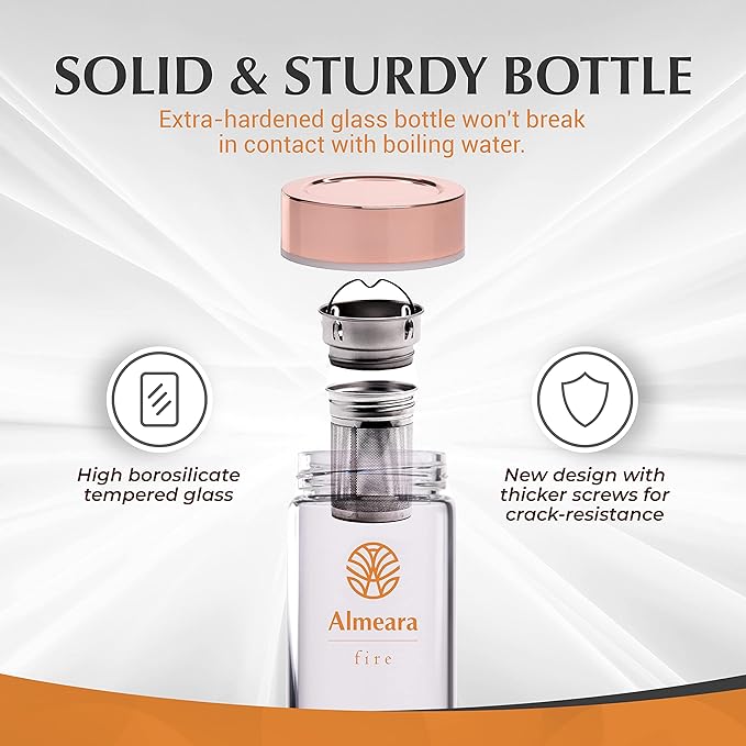 Almeara Crystal Water Bottle with Authentic Red Jasper Stones & Clear Quartz Removable Gemstones, Loose Leaf Tea Infuser - Relaxation, Healing & Spiritual Gifts for Women - Witchcraft Supplies