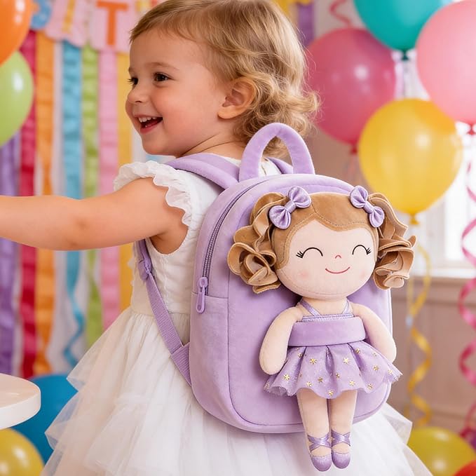 Gloveleya Toddler Backpack Baby Ballerina Girl Gifts Plush Curly Hair Ballet Backpack - White Purple 9 inches