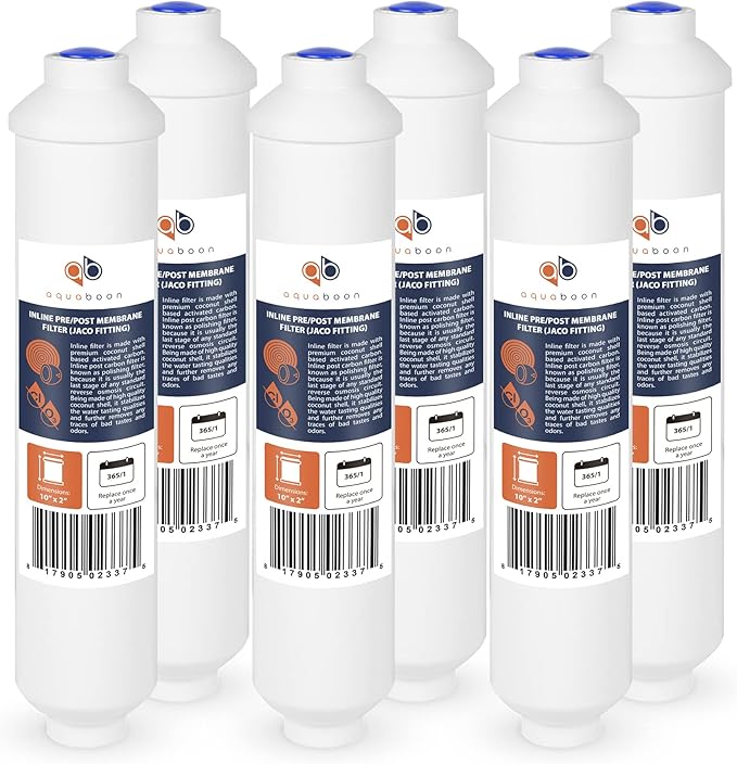 Aquaboon Inline Water Filter for Refrigerator 6-Pack of Inline Post/Carbon Polishing Water Filter Catridge for Reverse Osmosis System Standard Size (Jaco fitting)
